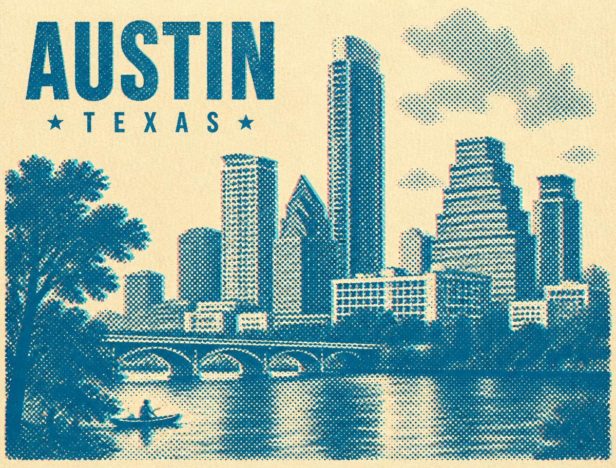 Halftone screenprint illustration of the Austin, Texas skyline